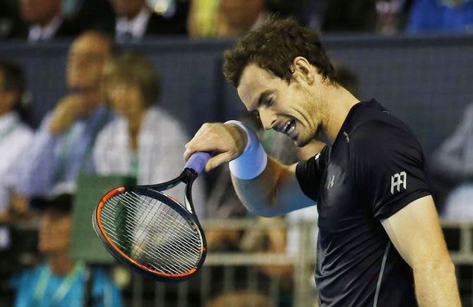 Great Britain's Andy Murray reacts during his Davis Cup match against Argentina's Juan Martin del Potro on Saturday