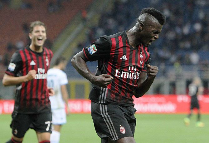 M' Baye Niang of AC Milan celebrates his goal during the Serie A match against SS Lazio at Stadio Giuseppe Meazza in Milan on Tuesday