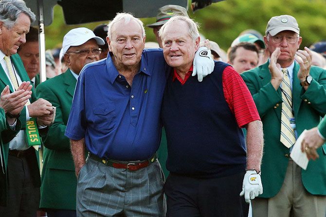 Honorary Starters Arnold Palmer and Jack Nicklaus of the United States wait on the first tee during the first round of the 2015 Masters Tournament at Augusta National Golf Club on April 9, 2015 in Augusta, Georgia