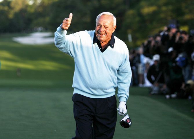 Arnold Palmer gestures after hitting a drive to begin the 2007 Masters golf tournament on the first tee at the Augusta National Golf Club in Augusta, Georgia, US on April 5, 2007