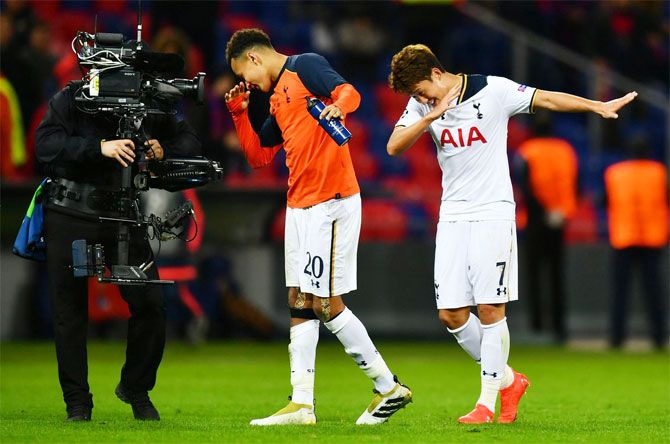 Tottenham's Dele Alli (left) and Son Hueng-min celebrate after their win over CSKA Moscow