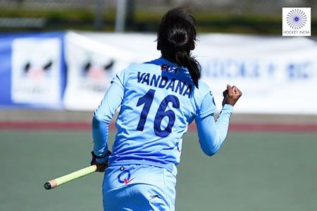 India's Vandana celebrates after scoring the winner against Belarus during the World Hockey League Round 2 match in West Vancouver in Canada on Sunday