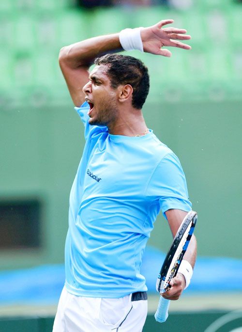 Indian Davis cup player Ramkumar Ramnathan celebrates after scoring a point during the first singles match of the Asia Oceania Group 1 tie against Temur Ismailov of Uzbekistan on Friday