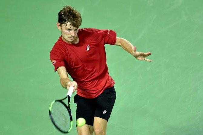 Belgium's David Goffin in action during his Davis Cup Quarterfinals World Group singles match against Italy's Paolo Lorenzi in Spiroudome, Charleroi, Belgium, on Sunday