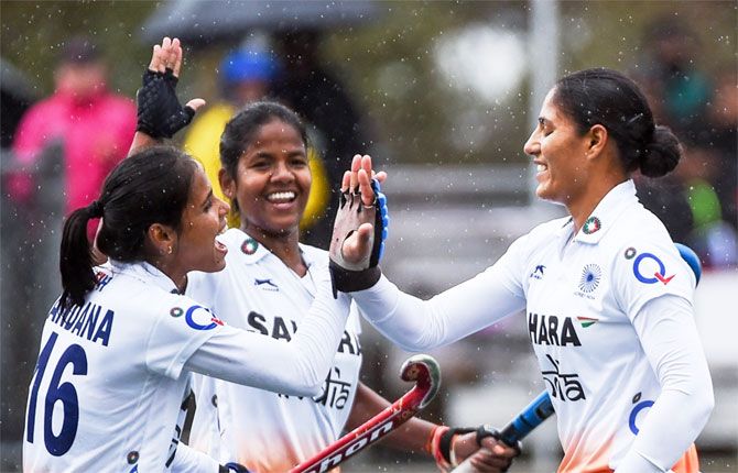 India players celebrate a goal against Belarus during their Hockey World League Round 2 semi-final in West Vancouver, Canada, on Saturday.