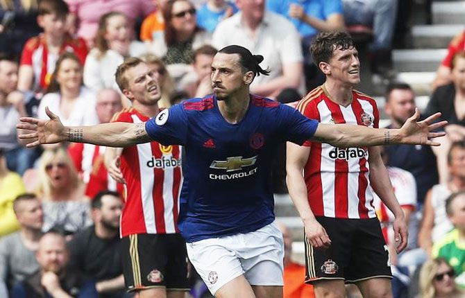 Manchester United's Zlatan Ibrahimovic celebrates scoring their first goal against Sunderland during their English Premier League match at the Stadium of Light on Sunday