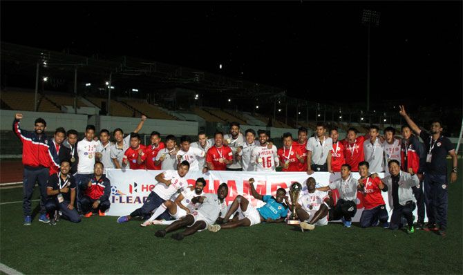  Aizawl FC players celebrate after winning the I-League