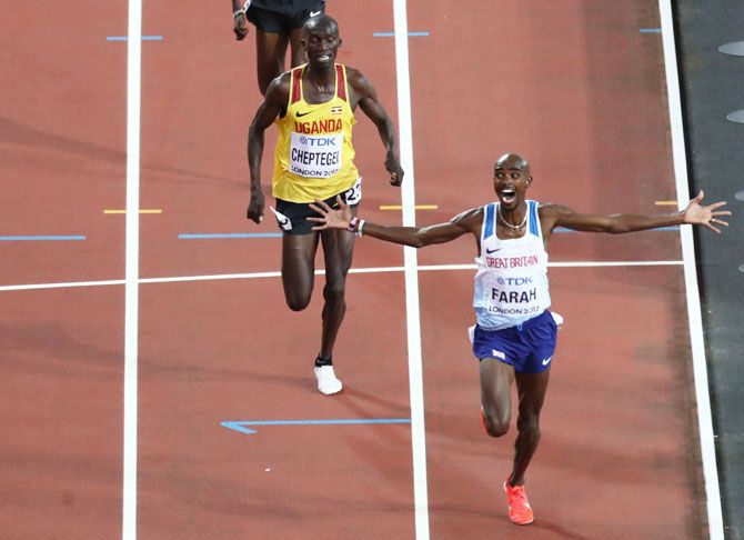 Mo Farah of Britain reacts after winning the men’s 10000 metres final at World Athletics Championships at London Stadium, London, Britain on Friday