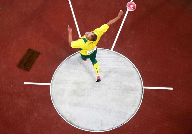 Andrius Gudžius of Lithuania in action before winning Gold in the Discus Throw final