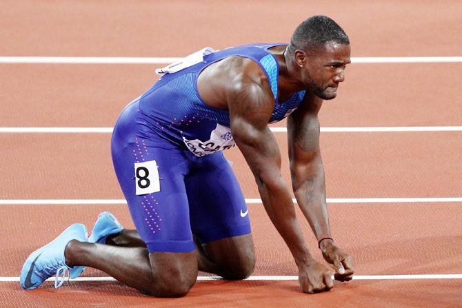 Justin Gatlin of the United States celebrates following his win in the Men's 100 metres final in 9.92 seconds at the 16th IAAF World Athletics Championships at The London Stadium in London on Saturday