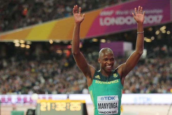 Luvo Manyonga of South Africa reacts after winning gold in the men’s long jump final at the World Athletics Championships in London on Saturday