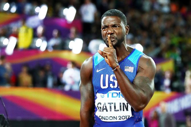 Justin Gatlin gestures to the crowd after his victory in the 100m Final at the World Athletic Championships in London on Saturday