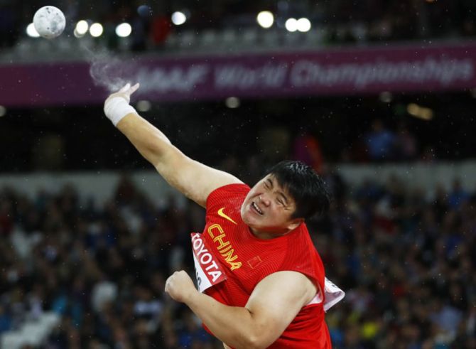 Lijiao Gong of China in action during the Women’s Shot Put final on Wednesday