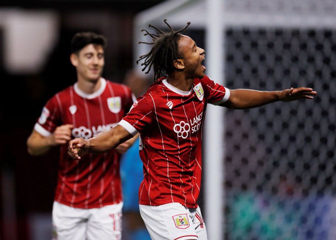 Bristol City's Bobby Reid celebrates scoring their second goal against Watford during their League Cup match on Tuesday