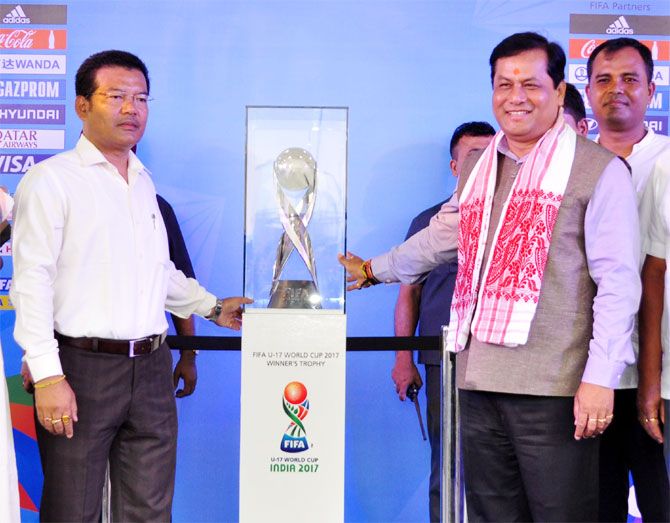Assam Chief Minister Sarbananda Sonowal unveils the official winner’s trophy of the FIFA U-17 World Cup India 2017 on Saturday
