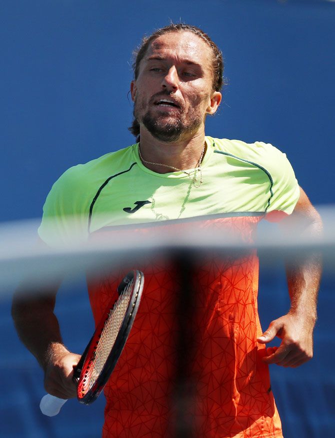 Ukraine's Alexandr Dolgopolov reacts during his US Open first round Men's match against Germany's Jan-Lennard Struff on Day 3 of the 2017 US Open at the USTA Billie Jean King National Tennis Center in the Flushing neighborhood of the Queens borough of New York City in New York on Wednesday