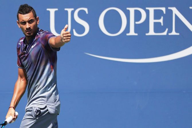 Australia's Nick Kyrgios gestures during his match against compatriot John Millman on day three of the US Open at USTA Billie Jean King National Tennis Center on Thursday