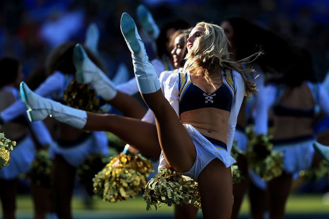 The Charger Girls perform during the NFL game between the Los Angeles Chargers and Cleveland Browns at StubHub Center in Carson, California, on Sunday