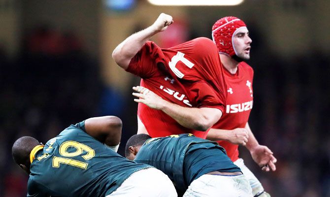 Wales' Scott Andrews reacts after his shirt is pulled over his head during the Rugby Union,  Autumn Internationals match against South Africa at Principality Stadium, Cardiff, on Saturday