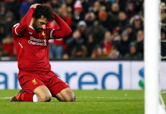 Mohamed Salah of Liverpool reacts after a near miss during the match against West Brom on Wednesday