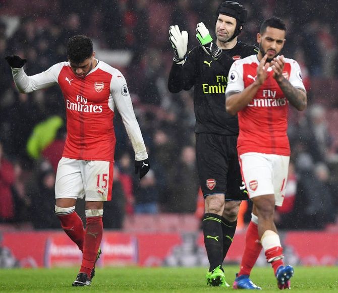 Arsenal's Theo Walcott, Alex Oxlade-Chamberlain and Petr Cech