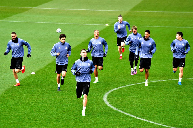 Real Madrid's Cristiano Ronaldo and teammates at a training session in Napoli on Tuesday