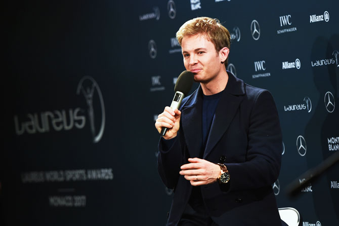 Laureus World Breakthrough of the Year nominee and Laureus Ambassador Nico Rosberg of Germany speaks at a media interview prior to the 2017 Laureus World Sports Awards at the Sea Club,Le Meridien in Monaco on Monday