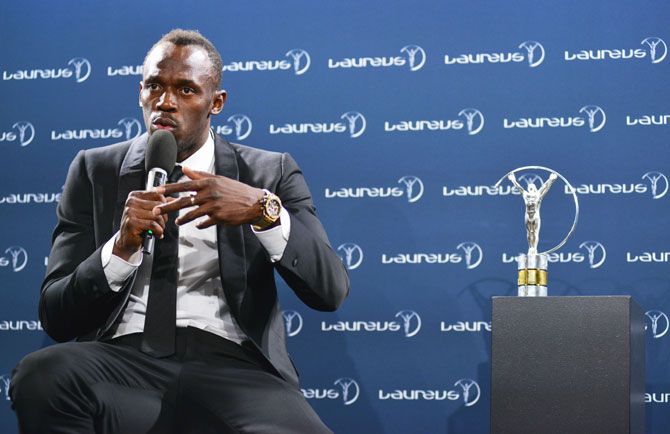 Winner of the Laureus World Sportsman of the Year Award Athlete Usian Bolt of Jamaica speaks during the Winners Press Conference during the 2017 Laureus World Sports Awards at the Salle des Etoiles,Sporting Monte Carlo in Monaco on Tuesday