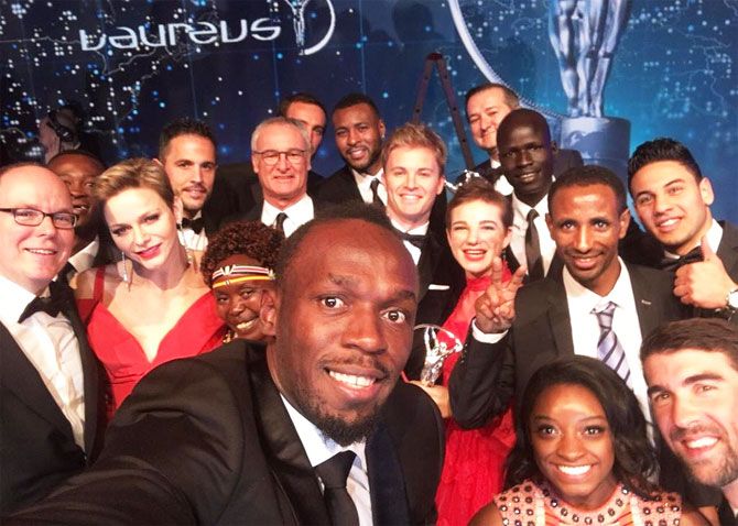 Usain Bolt takes a selfie with the other winners on the night of the Laureus Sports Awards in Monte Carlo, Monaco, on Tuesday
