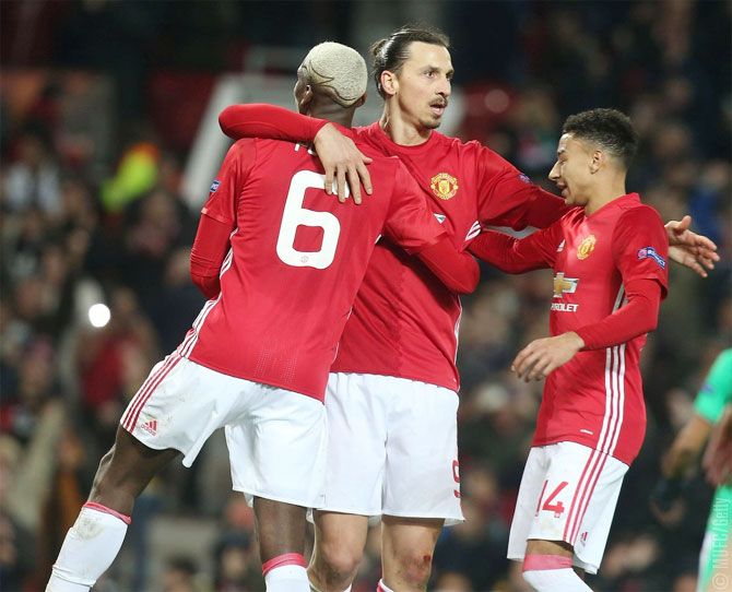 Manchester United's Zlatan Ibrahimovic celebrates scoring a goal with teammates during their Europa League match against St Etienne on Thursday