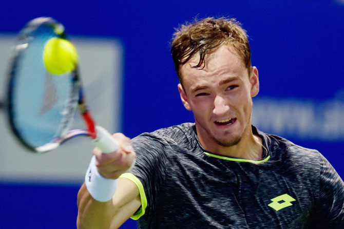 Russia's Daniil Medvedev in action against Brazil's Thiago Monteiro during their first round match of the ATP Chennai Open at SDAT Tennis Stadium in Chennai on Monday