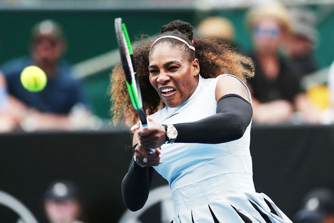 USA's Serena Williams plays a backhand in her match against France's Pauline Parmentier on day two of the ASB Classic in Auckland on Tuesday