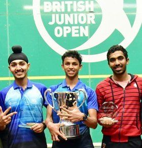 Second-placed Abhay Singh, winner Velavan Senthilkumar and third-placed Adhitya Raghavan on the podium after sweeping the top-places at the British Junior Open in Sheffield, United Kingdom, on Saturday