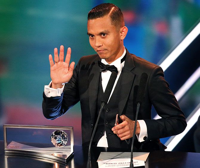 Mohammad Faiz Subri speaks after he received the Goal of the Year Award.Photograph: Ruben Sprich/Reuters