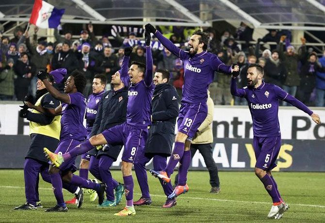 Fiorentina's players celebrates at the end of the Serie A match against Juventus