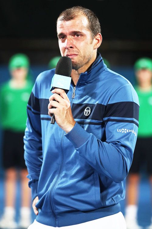 Gilles Muller of Luxembourg gets emotional after winning the Sydney International men's final against Daniel Evans of Great Britain at Sydney Olympic Park Tennis Centre in Sydney on Saturday