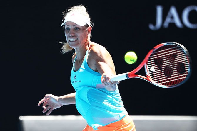 Germany's Angelique Kerber plays a forehand in her second round match against compatriot Carina Witthoeft on day three of the 2017 Australian Open at Melbourne Park in Melbourne on Wednesday