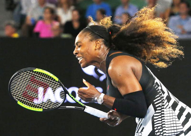 USA's Serena Williams reacts during her second round match against Czech Republic's Lucie Safarova on Thursday