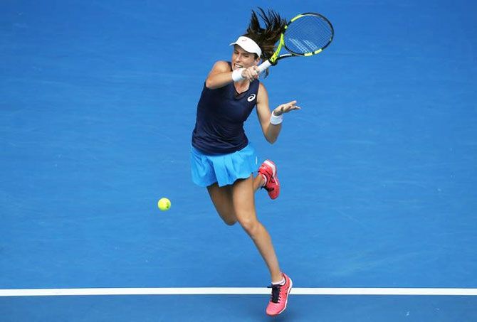Britain's Johanna Konta hits a shot during her fourth round match against Russia's Ekaterina Makarova at Melbourne Park on Monday