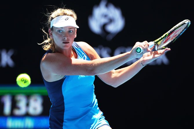 United States' Coco Vandeweghe plays a backhand in her quarter-final match against Spain's Garbine Muguruza on day nine of the 2017 Australian Open at Melbourne Park on Tuesday