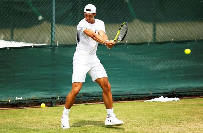 Spain’s Rafael Nadal during a practice session at Wimbledon on Thursday