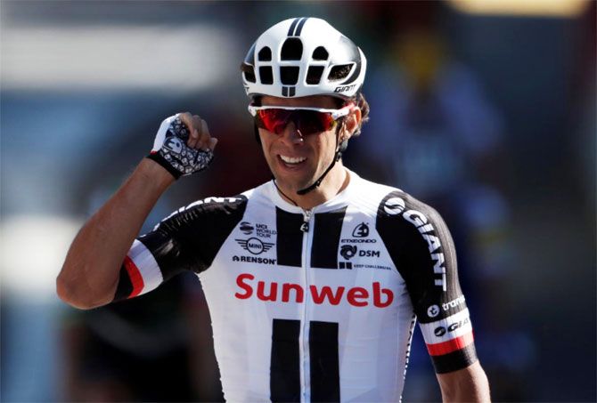 Team Sunweb rider Michael Matthews of Australia wins the 181.5-km Stage 14 from Blagnac to Rodez, France, on Saturday