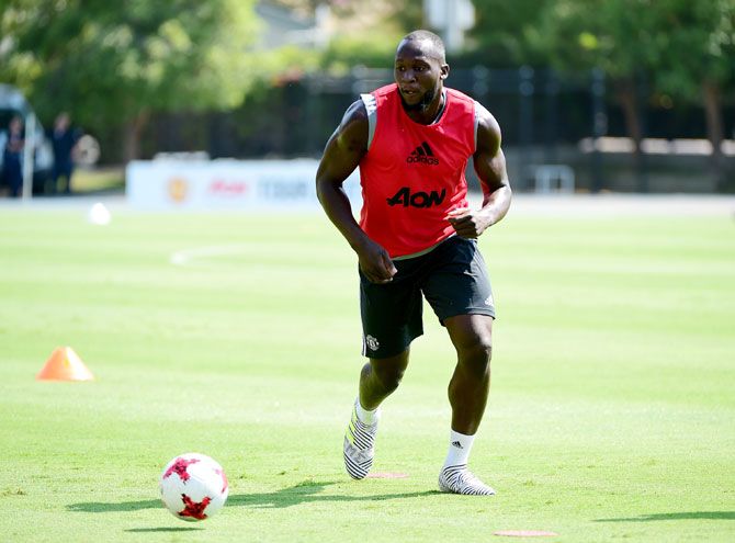 Manchester United's Romelu Lukaku at a training session at UCLA's Drake Stadium in Los Angeles, California