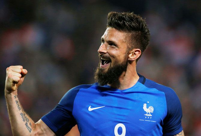France's Olivier Giroud celebrates on scoring his hat-trick during the international friendly against Paraguay in Roazhon Park, Rennes, France, on Friday