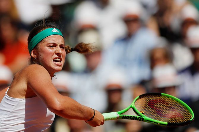 Latvia’s Jelena Ostapenko in action during the French Open final against Romania’s Simona Halep at the Roland Garros in Paris on Saturday