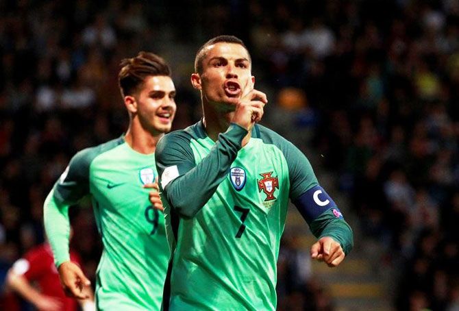 Portugal’s Cristiano Ronaldo celebrates scoring their first goal against Latvia in the 2018 World Cup Qualifying European Zone,  Group B match in Skonto Stadium, Riga, Latvia on Friday