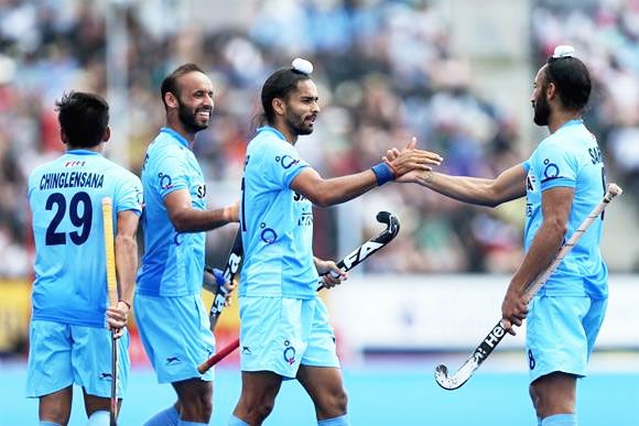 India players celebrate a goal against Pakistan during the HWL Semi-Final in London on Sunday