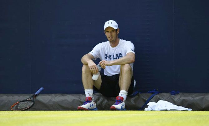 Andy Murray takes a breather during a training session at the Queen’s Club in London on Monday