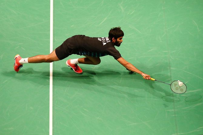 India's Kidambi Srikanth in action against Korea's Son Wan Ho during their Round of 16 match at the Australian Badminton Open at Sydney Olympic Park in Sydney, on Thursday