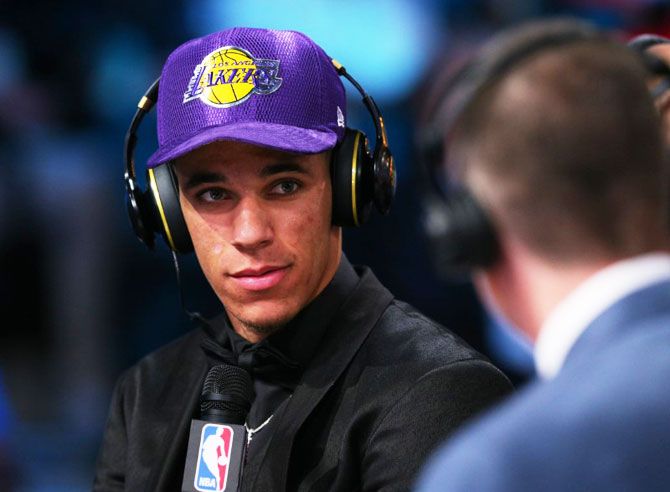 Lonzo Ball (UCLA) is interviewed after being introduced as the number two overall pick to the Los Angeles Lakers in the first round of the 2017 NBA Draft at Barclays Center on Thursday